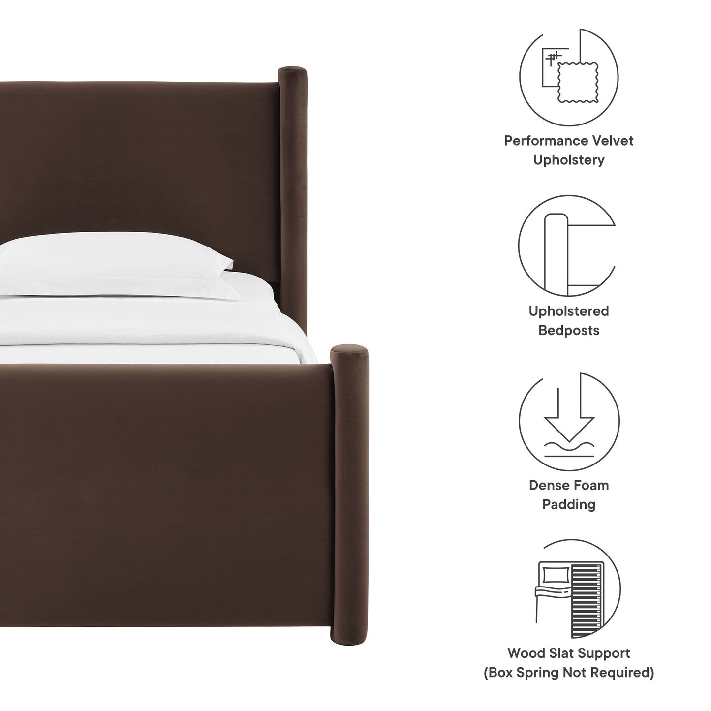Chocolate brown velvet upholstered twin platform bed with tall headboard & white bedding.