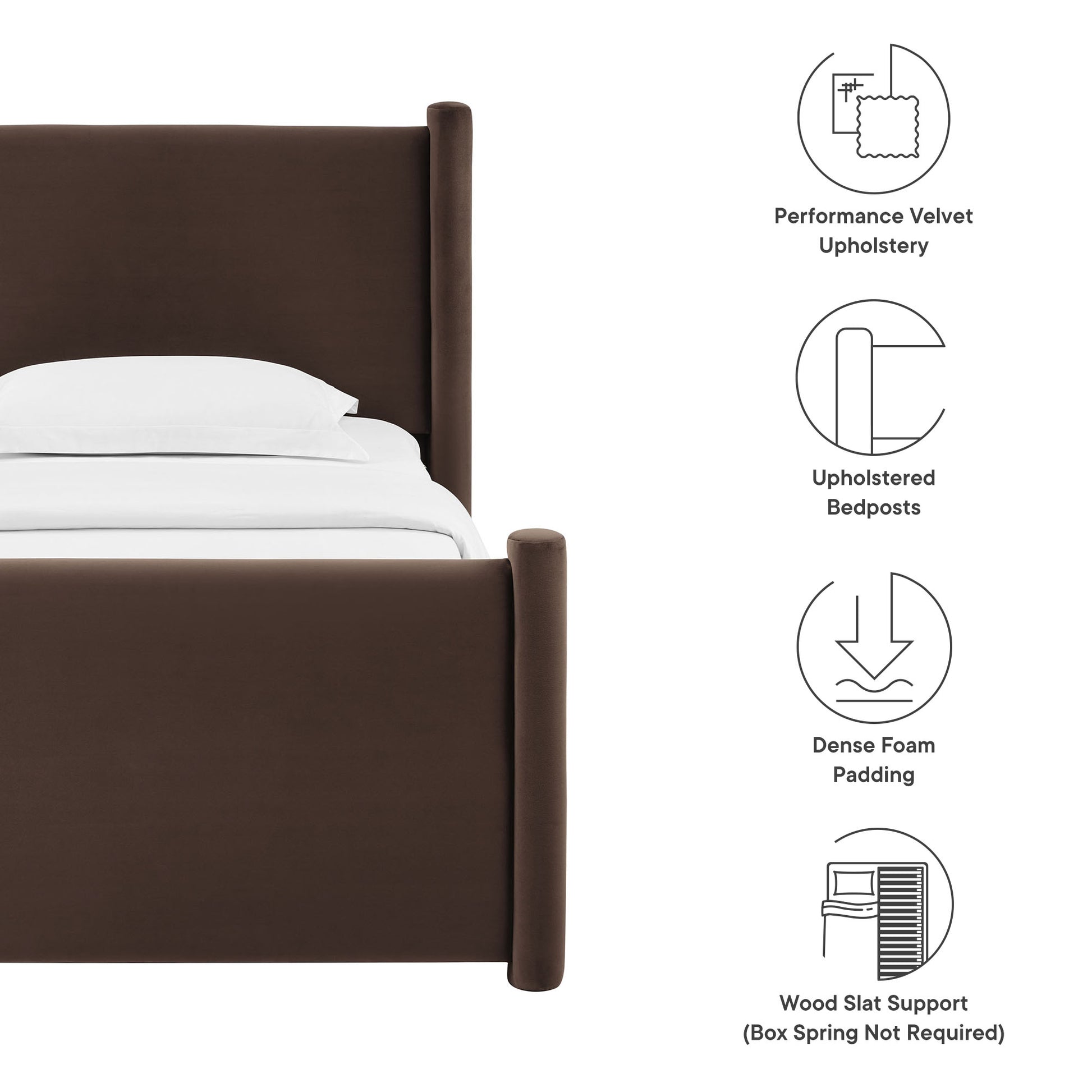 Chocolate brown velvet upholstered twin platform bed with tall headboard & white bedding.