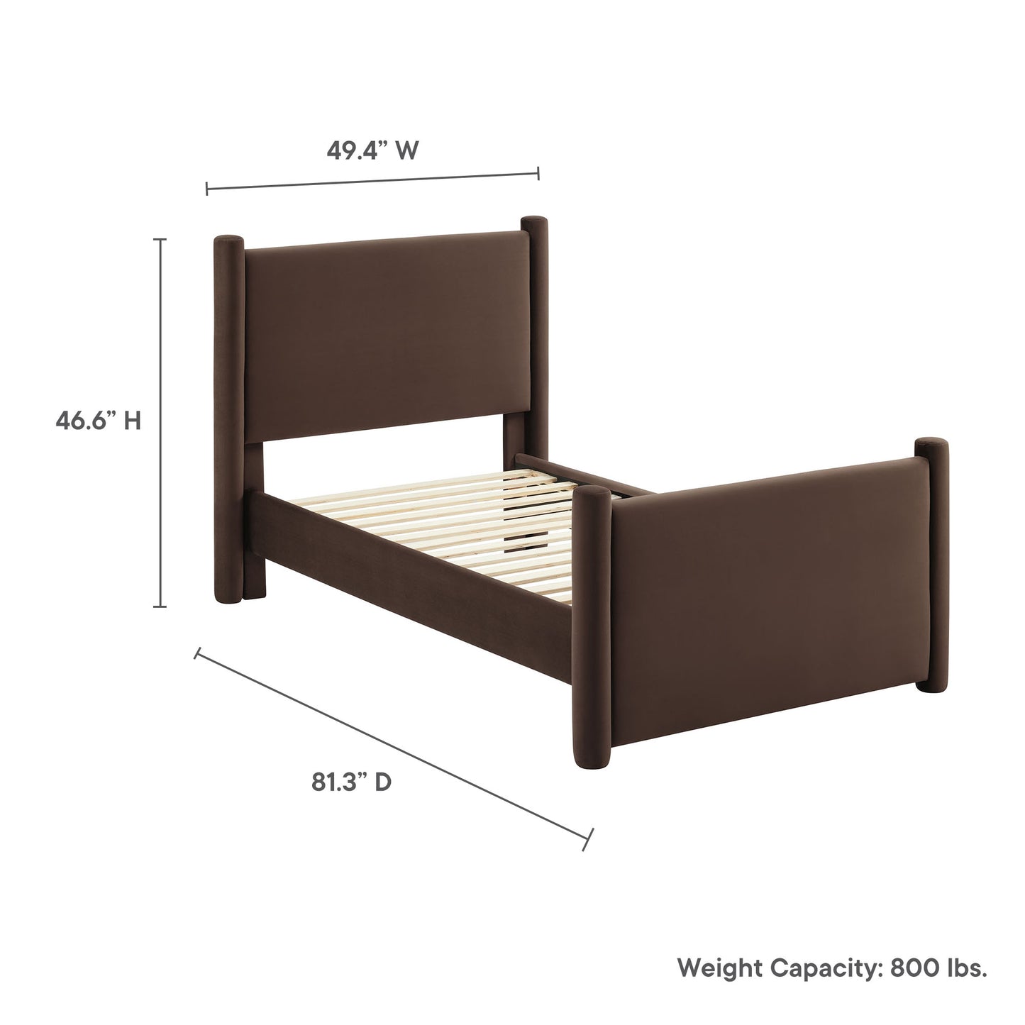 Brown upholstered bed frame with tall headboard and footboard, dark wood posts, slatted base, 49.4W x 46.6H x 81.3D.