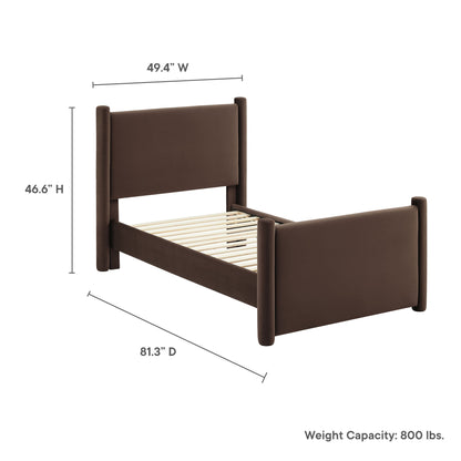 Brown upholstered bed frame with tall headboard and footboard, dark wood posts, slatted base, 49.4W x 46.6H x 81.3D.