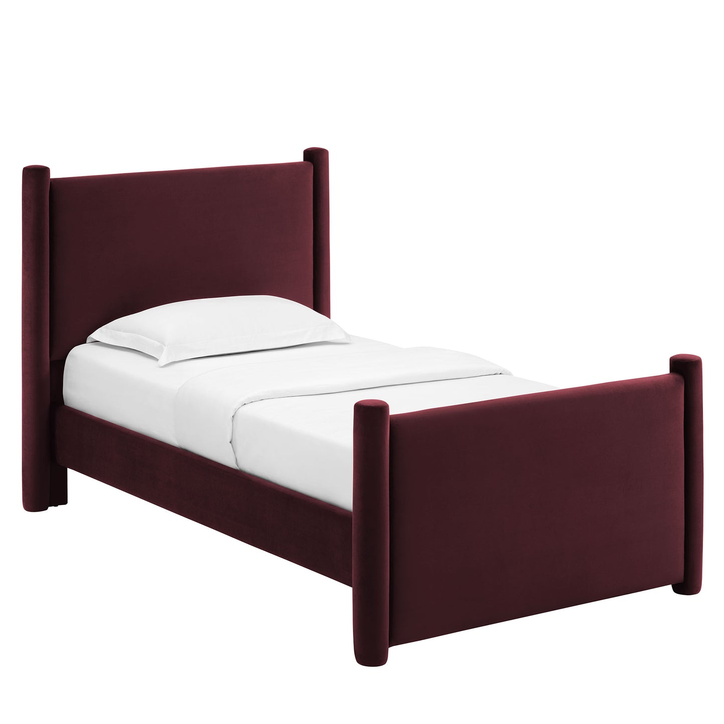 Purple velvet upholstered twin platform bed with a tall headboard and footboard, white linens.