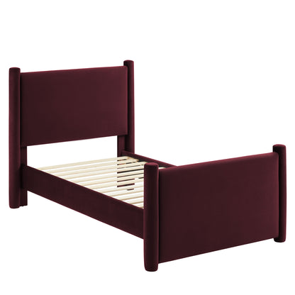 Maroon upholstered wooden bed frame with tall headboard and footboard, natural wood slats for mattress support.