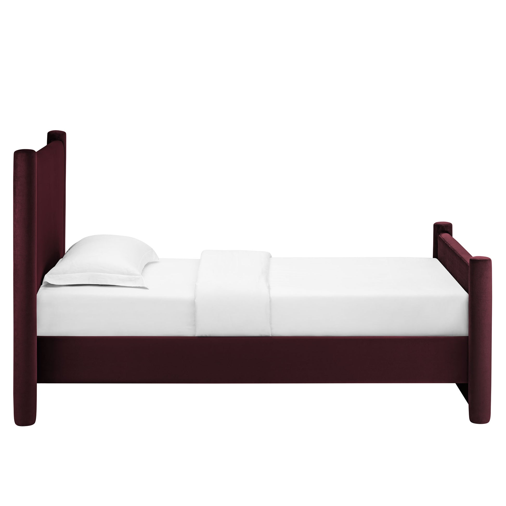 Twin-size purple upholstered platform bed with tall corner posts and white bedding.