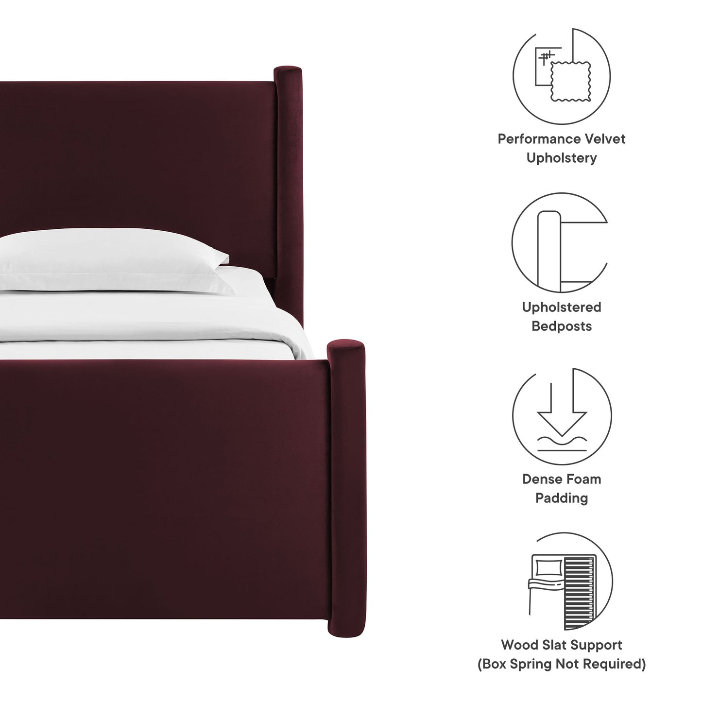 Purple velvet upholstered bed frame with tall headboard and footboard; plush padding and wood slat support (no box spring).