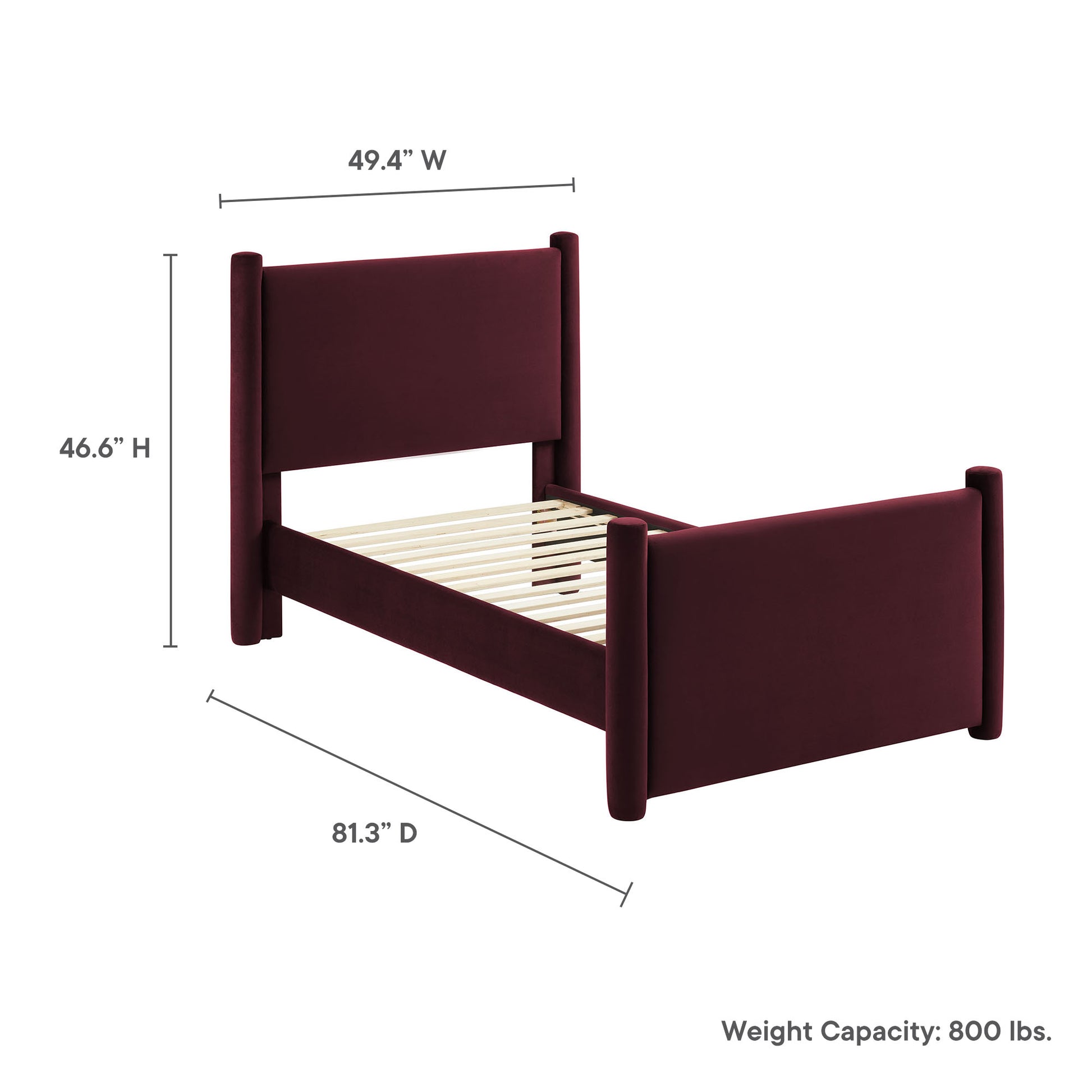Purple velvet twin platform bed with upholstered headboard; modern bedroom centerpiece.