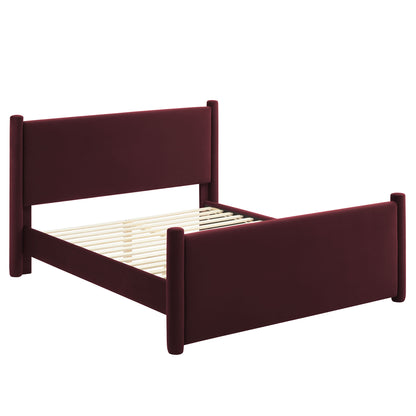 Purple velvet full platform bed with rectangular upholstered headboard and footboard.
