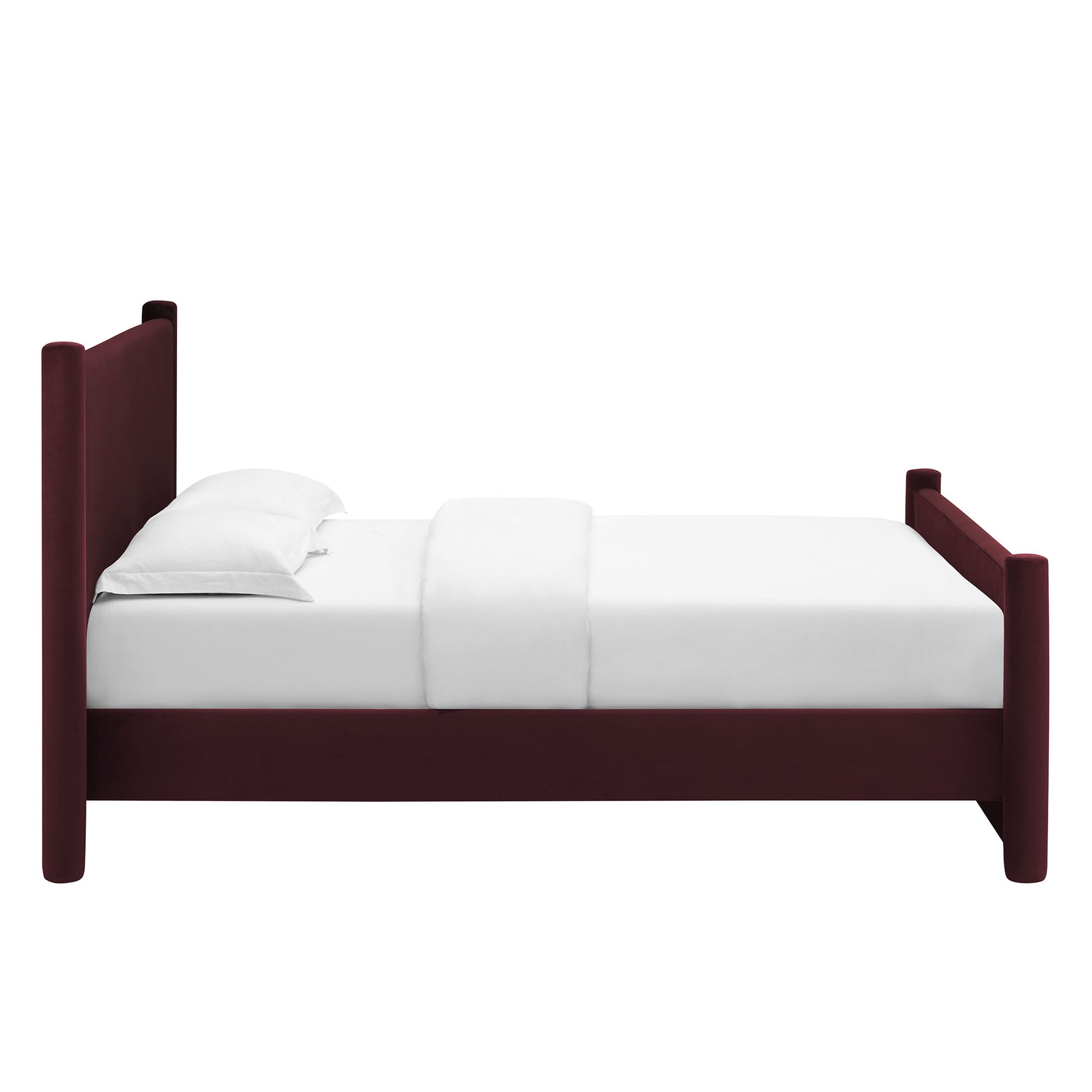Deep maroon wooden single bed frame with tall headboard and footboard, white mattress and pillows.