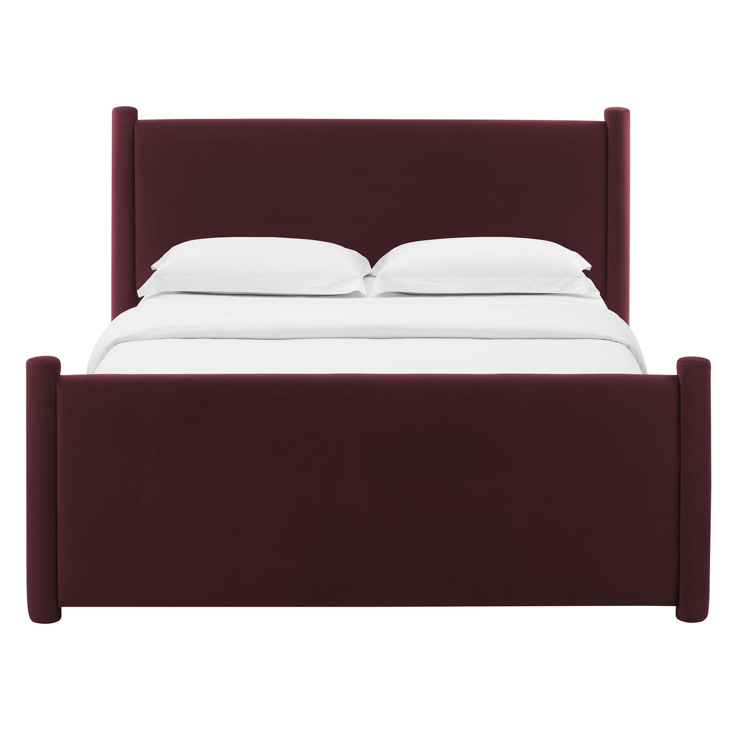 Purple velvet upholstered bed with tall headboard, high footboard and rounded posts, white bedding.