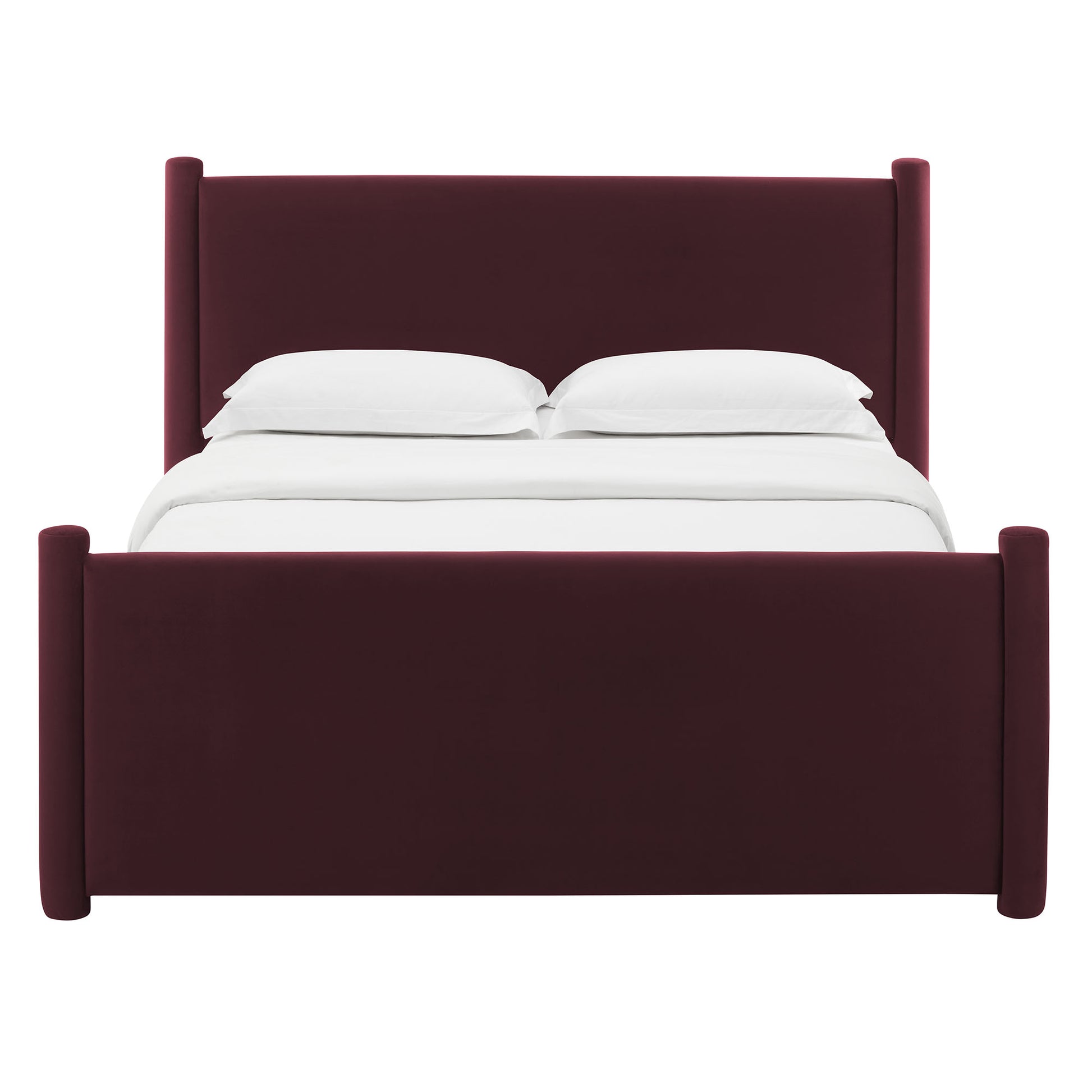 Purple velvet upholstered bed with tall headboard, high footboard and rounded posts, white bedding.