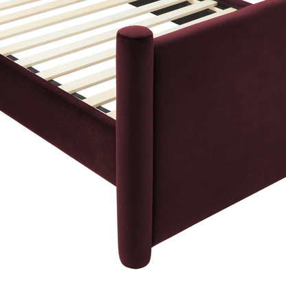 Purple upholstered full platform bed with rounded cylindrical leg and side panel, showing wooden slats.
