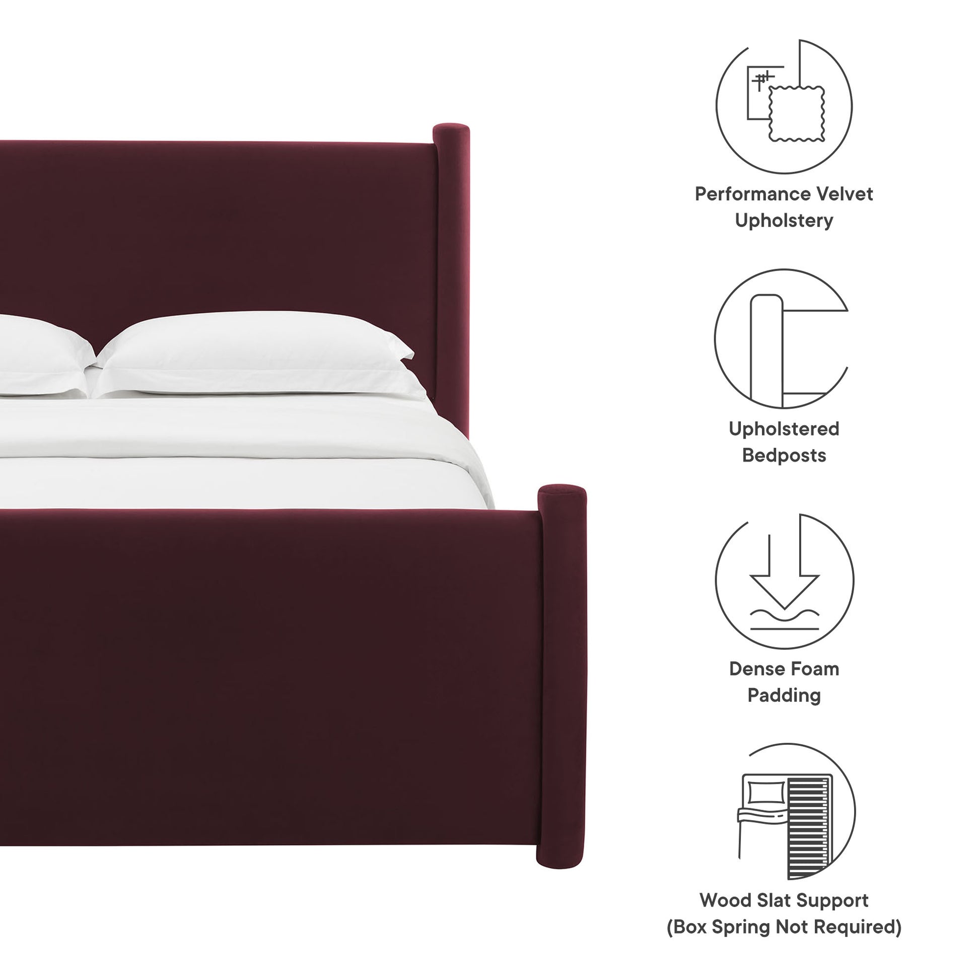 Purple upholstered full platform bed with tall headboard and shorter footboard; velvet upholstery, dense foam padding, wood slat support
