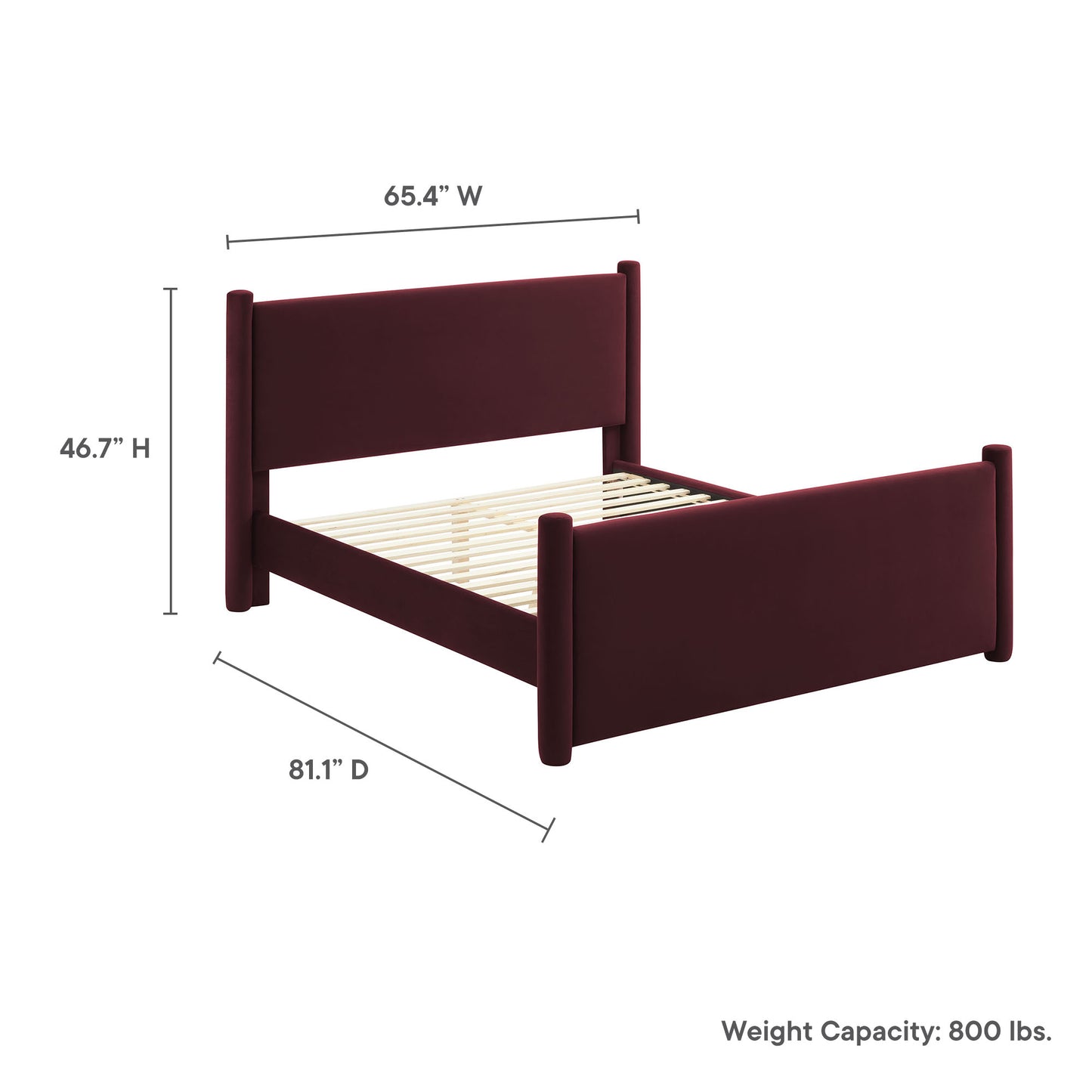 Purple upholstered full platform bed with padded headboard and footboard, wood rails and slats, in a contemporary style.