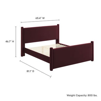 Purple upholstered full platform bed with padded headboard and footboard, wood rails and slats, in a contemporary style.