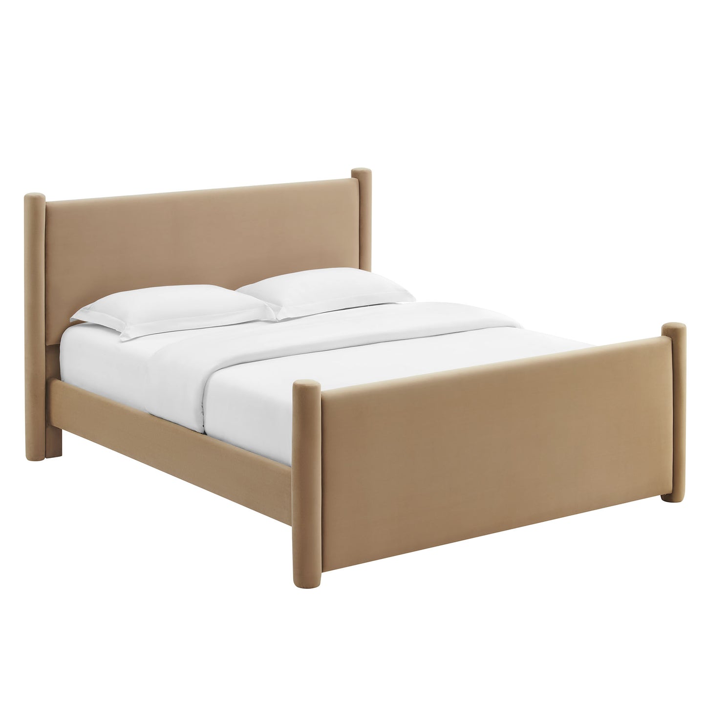 Taupe upholstered full platform bed with padded headboard and footboard, rounded posts, white bedding.