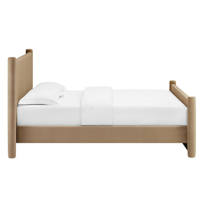 Oatmeal velvet full platform bed with white sheets and pillows, modern minimalist style.