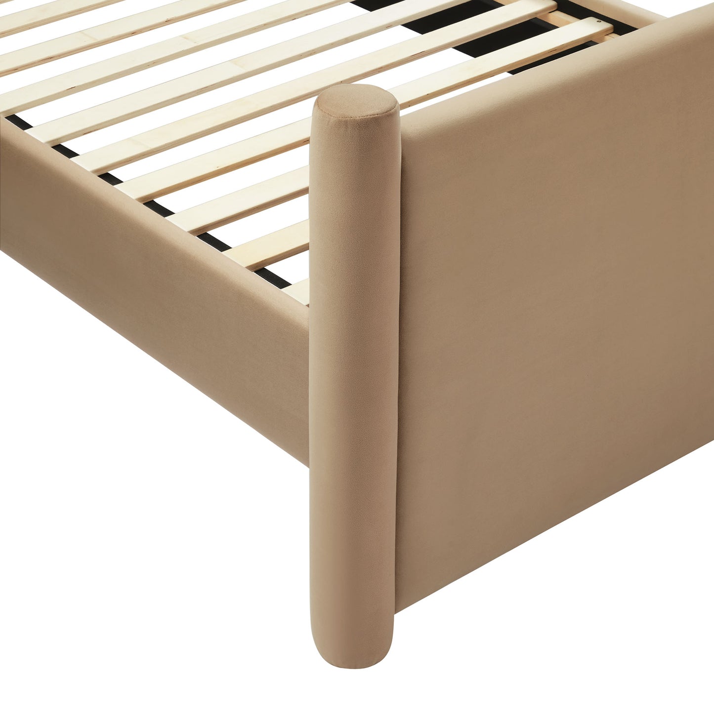 Oatmeal velvet full platform bed with slatted base and rounded legs.