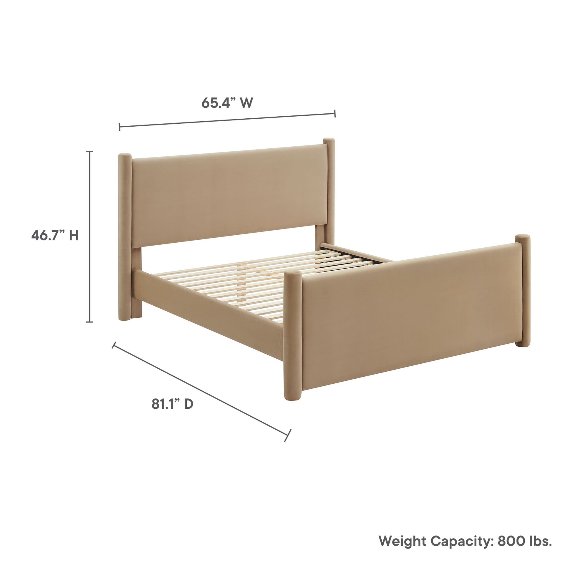 Taupe upholstered bed frame with padded headboard and footboard, slatted base, wooden posts, contemporary style.