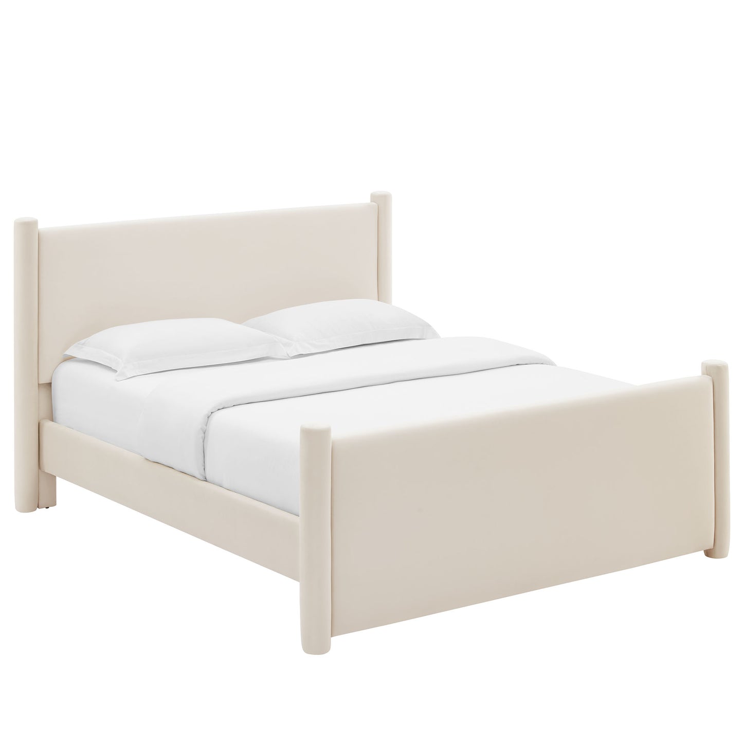 Cream upholstered bed frame with tall headboard, low footboard, and rounded posts; modern minimalist design.
