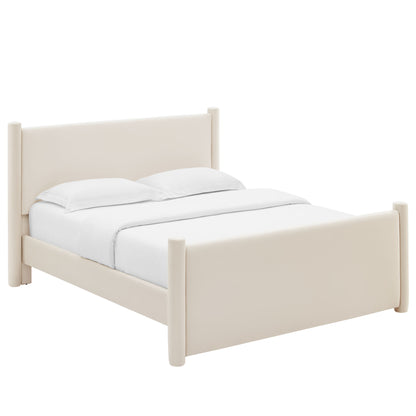 Cream upholstered bed frame with tall headboard, low footboard, and rounded posts; modern minimalist design.