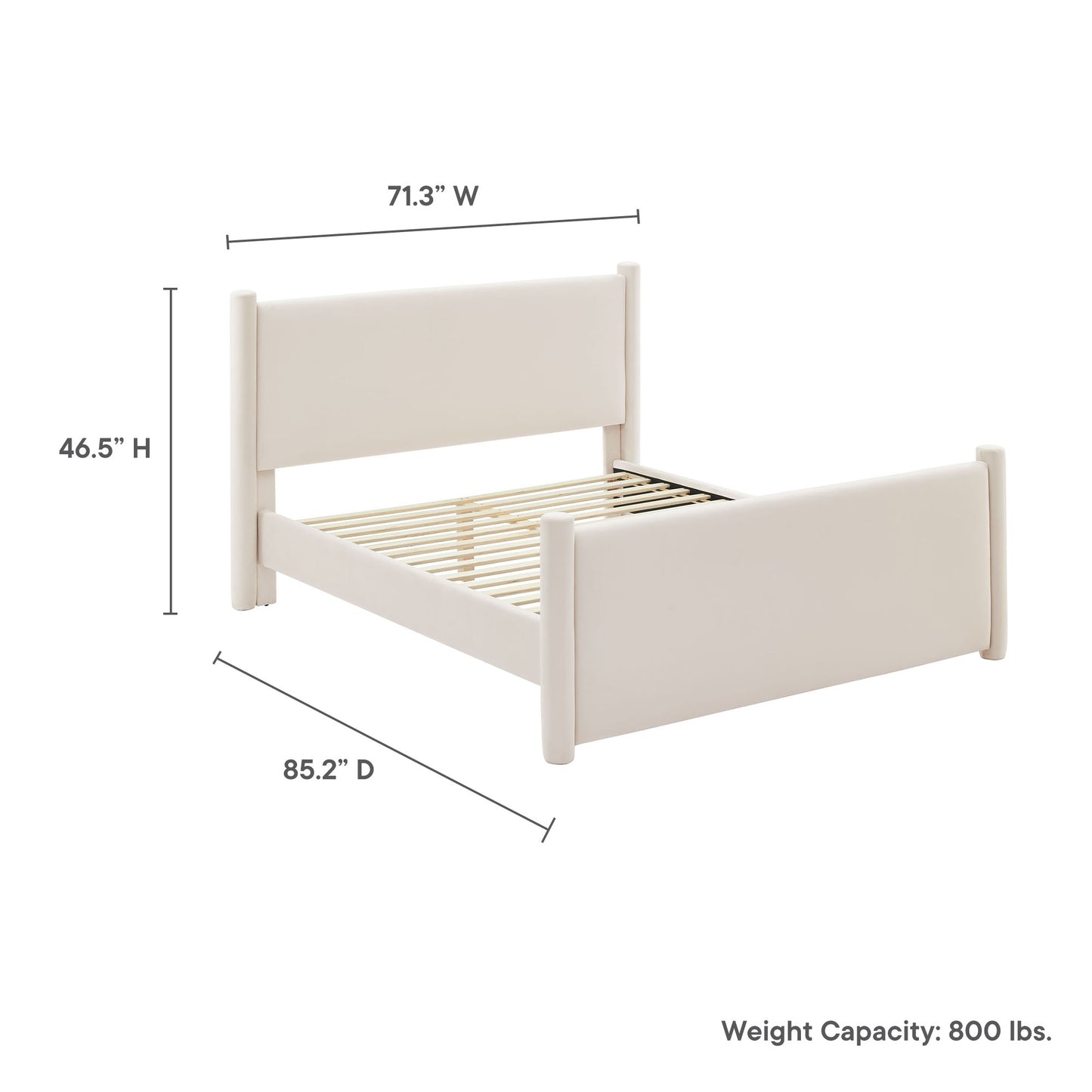 Cream-colored velvet queen platform bed with a tall upholstered headboard