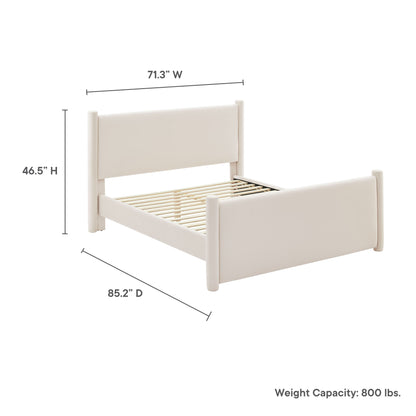Cream-colored velvet queen platform bed with a tall upholstered headboard