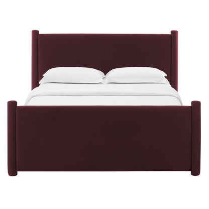 Purple upholstered queen platform bed with tall headboard and footboard, white bedding.