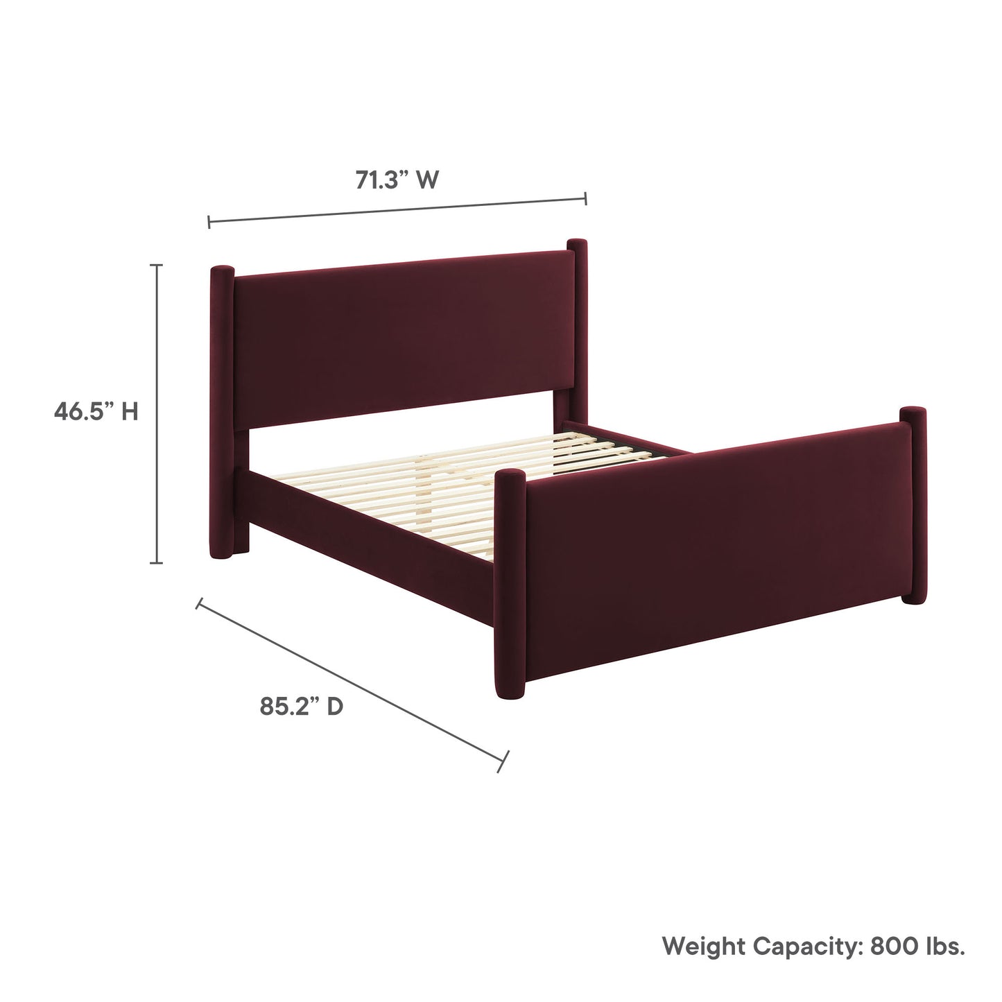Purple upholstered queen platform bed with tall headboard and slatted support, 71.3W x 85.2D x 46.5H.