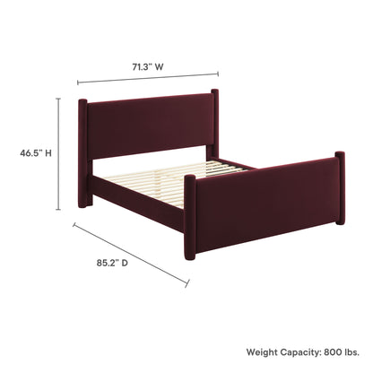 Purple upholstered queen platform bed with tall headboard and slatted support, 71.3W x 85.2D x 46.5H.
