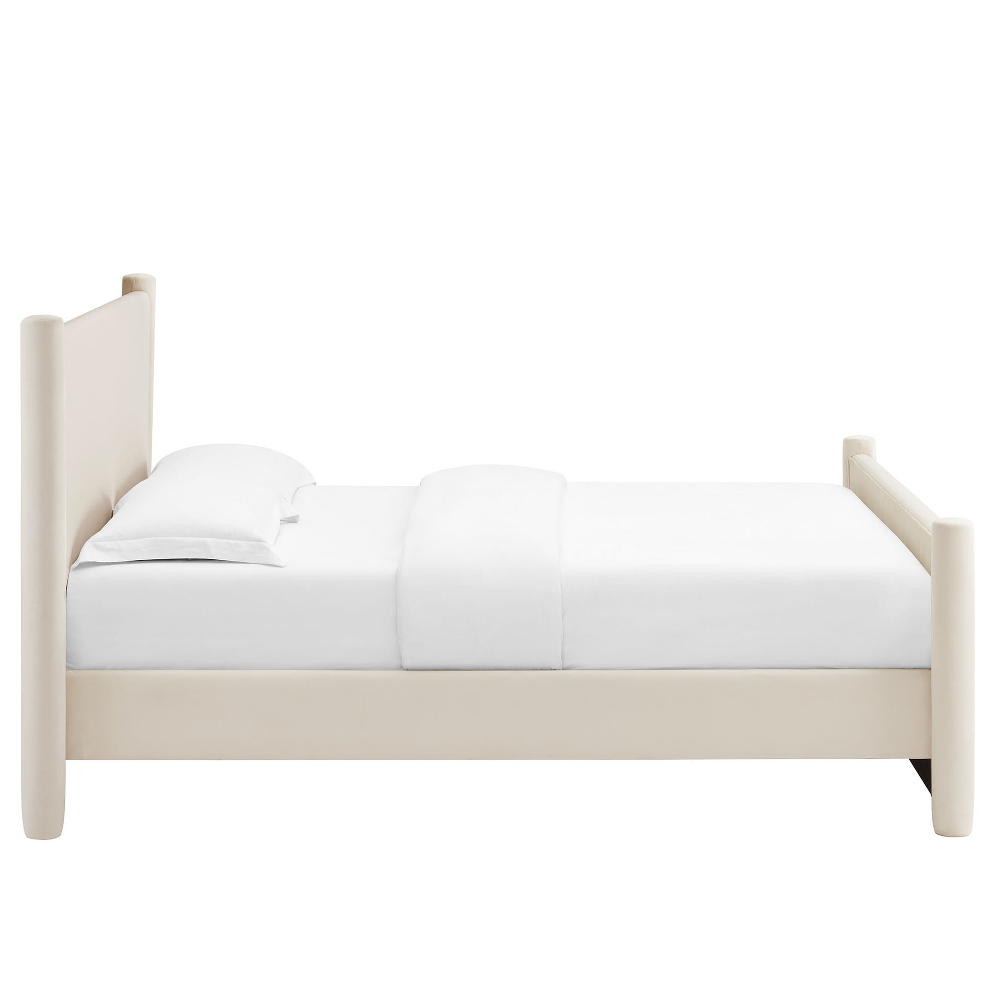 Ivory upholstered king platform bed with tall headboard and footboard, white bedding.
