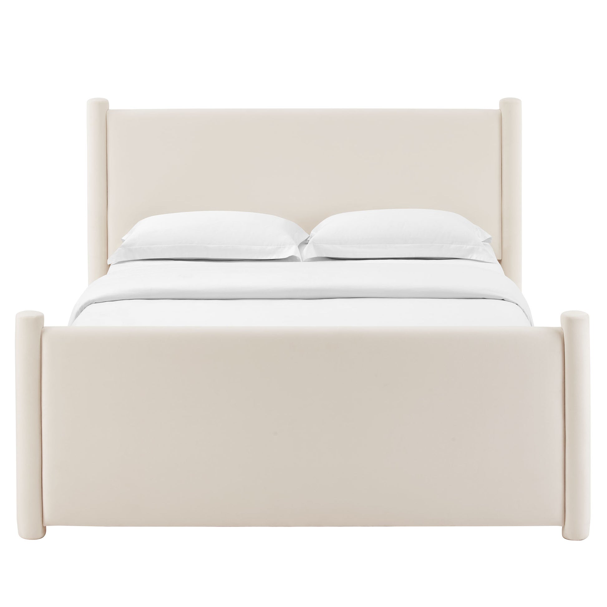 Cream fabric upholstered bed with tall headboard and rounded posts, white linens for a modern minimalist look.