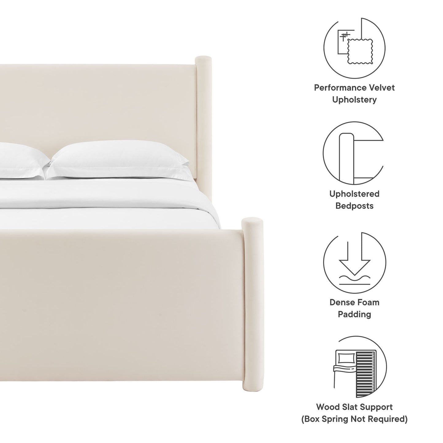 Beige velvet upholstered bed with tall headboard & round foot posts; foam padding & wood slat support.