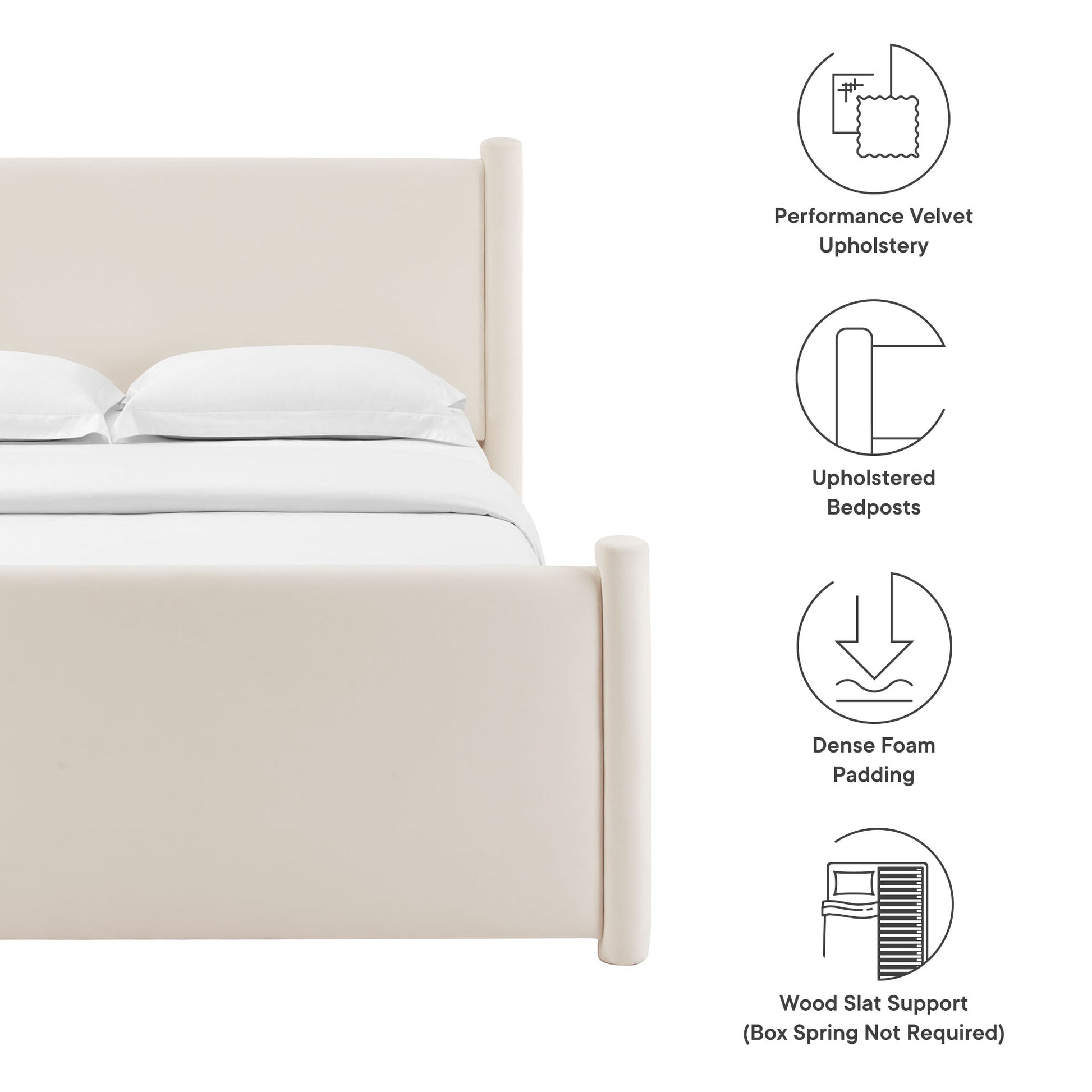 Beige velvet upholstered bed with tall headboard & round foot posts; foam padding & wood slat support.