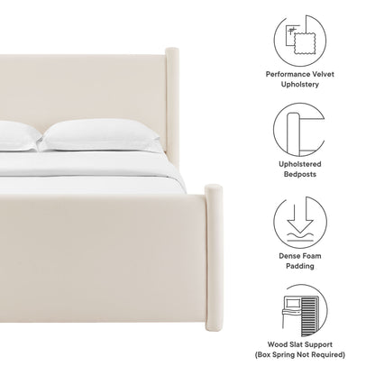 Beige velvet upholstered bed with tall headboard & round foot posts; foam padding & wood slat support.