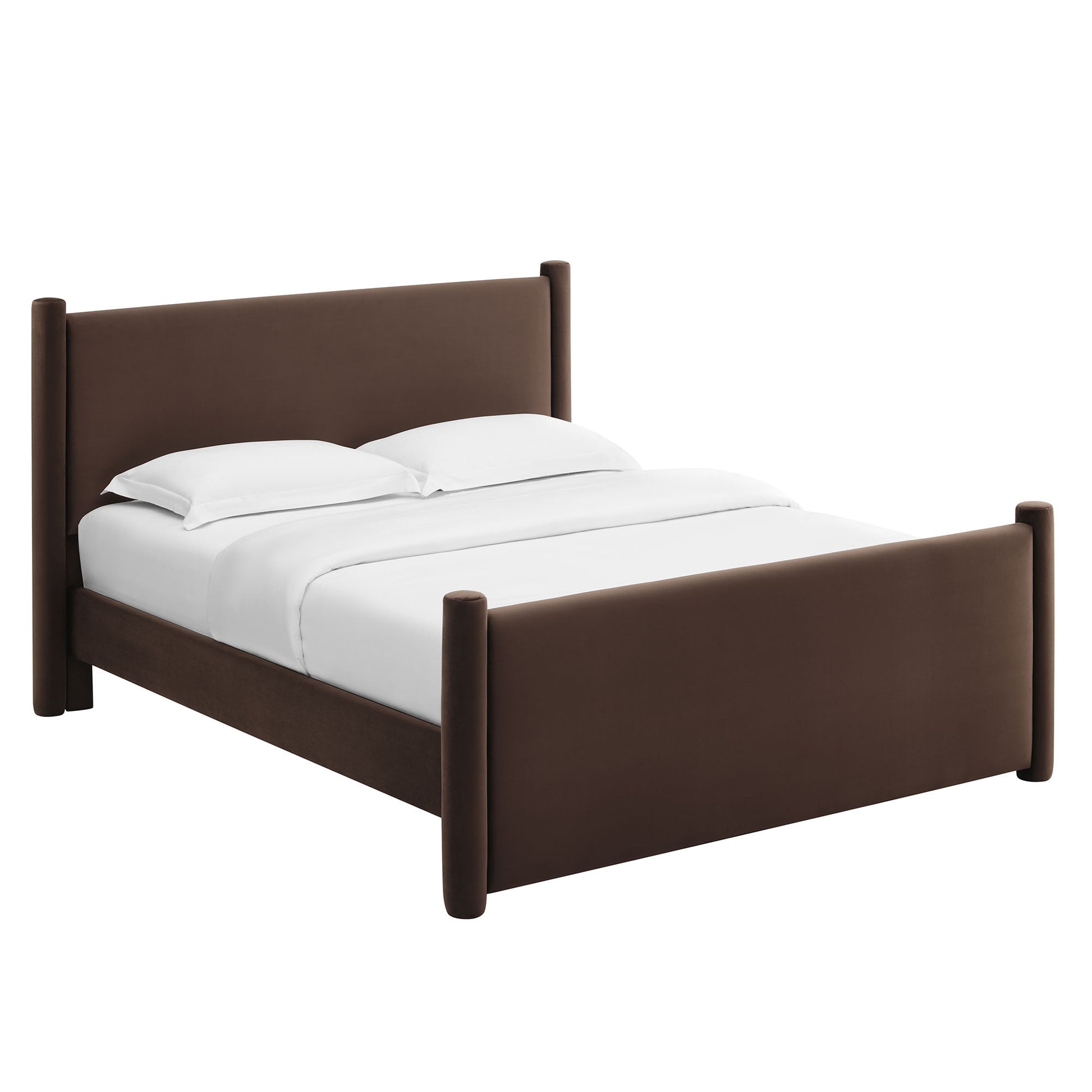 Dark brown velvet king platform bed with a padded headboard and footboard, cylindrical posts, white bedding.