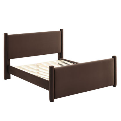 Brown wood twin bed frame with tall headboard and short footboard; natural wood slatted foundation.
