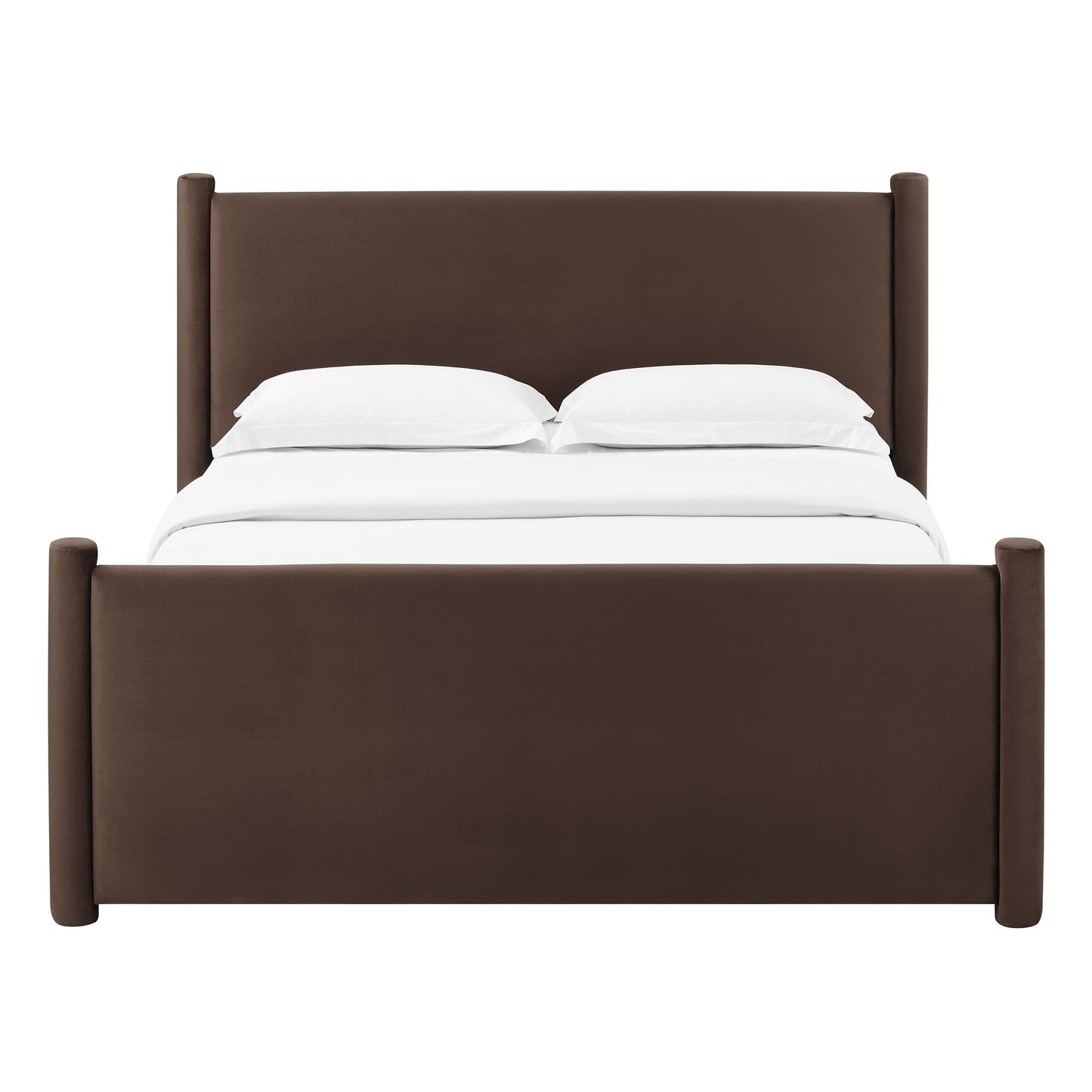 Brown velvet upholstered king platform bed with a tall padded headboard & a matching footboard, white bedding.