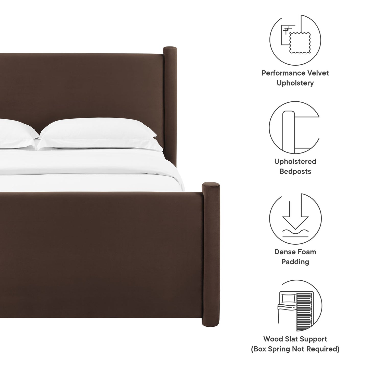 Brown performance velvet upholstered bed with tall headboard and footboard; wood slat support.