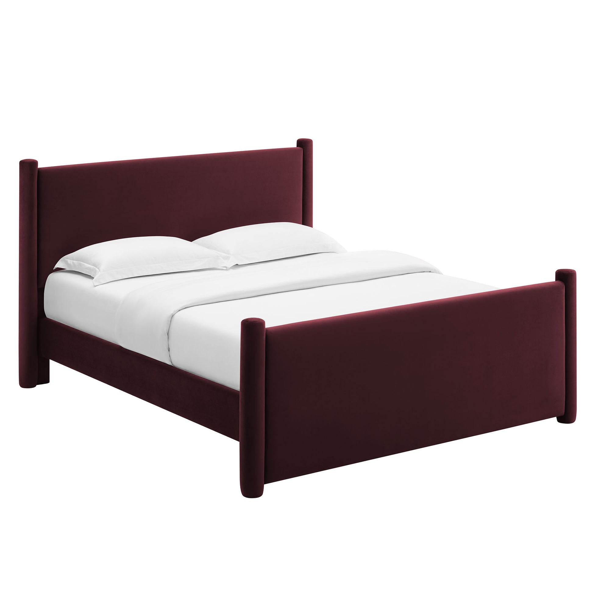 Purple upholstered king platform bed with tall headboard and footboard posts, white linens.
