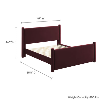 Purple velvet king platform bed with tall headboard and footboard, slatted mattress support, 87W x 85.8D x 46.7H.