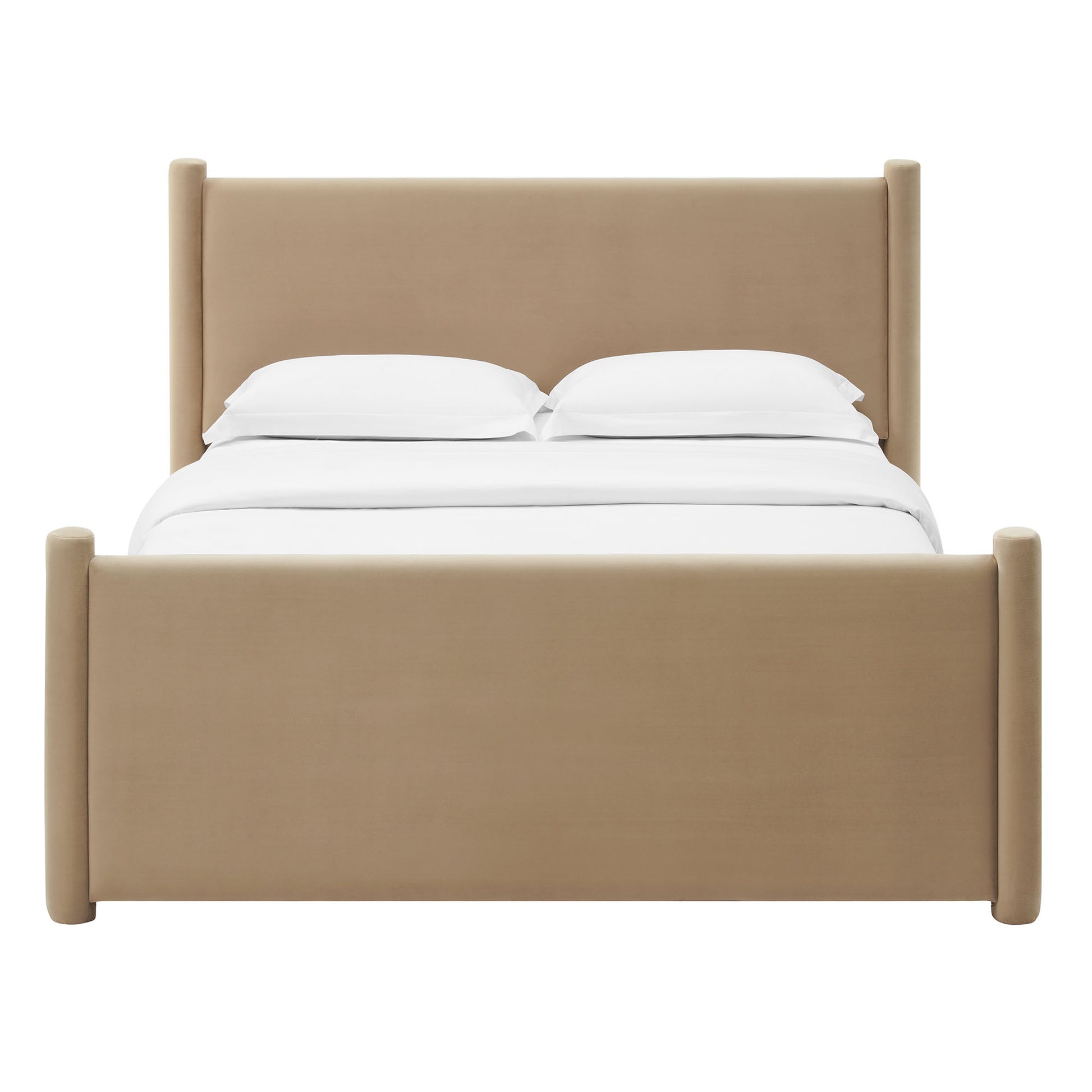 Taupe upholstered bed with tall padded headboard and footboard, rounded posts, white bedding.