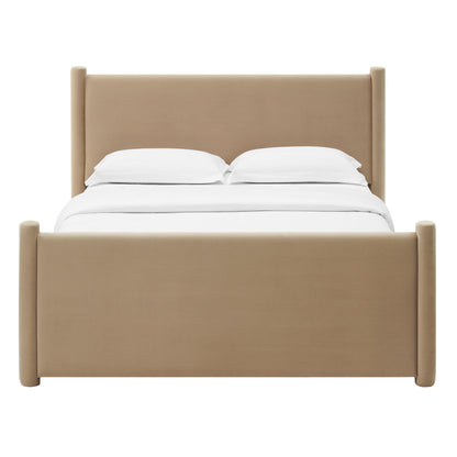 Taupe upholstered bed with tall padded headboard and footboard, rounded posts, white bedding.