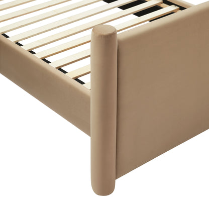 Taupe velvet king platform bed with slatted base, rounded corner post and smooth side panel.