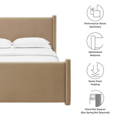 Oatmeal performance-velvet upholstered king platform bed with tall headboard and footboard, padded rails, wood slat support.