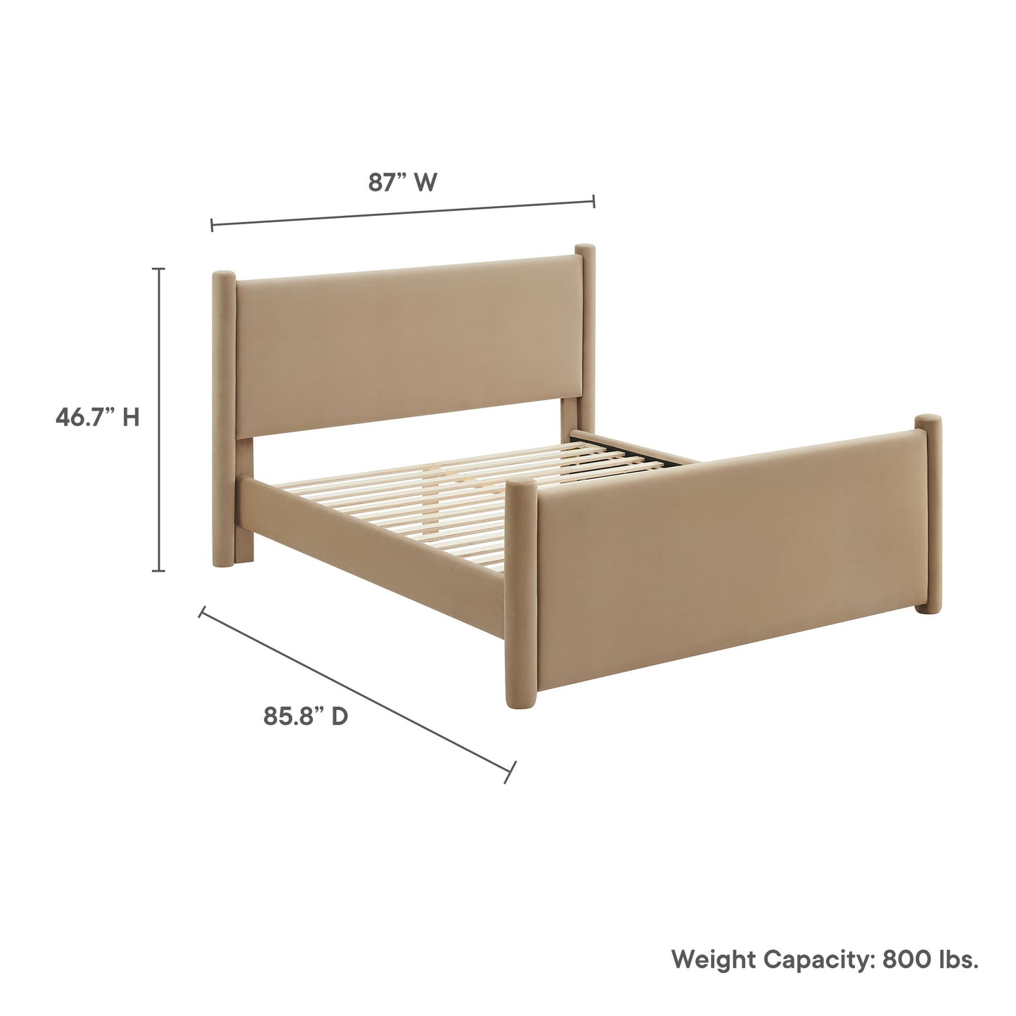 Taupe upholstered bed frame with tall headboard and footboard, wood slat platform; 87W x 85.8D x 46.7H.