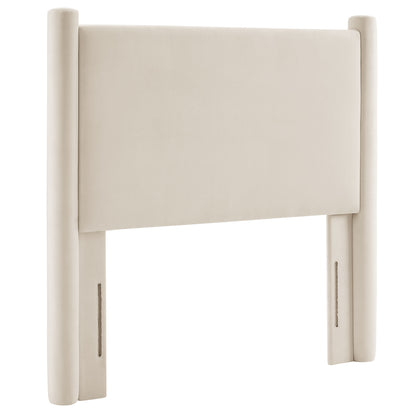 Ivory velvet twin headboard with rounded posts, modern minimalist design.