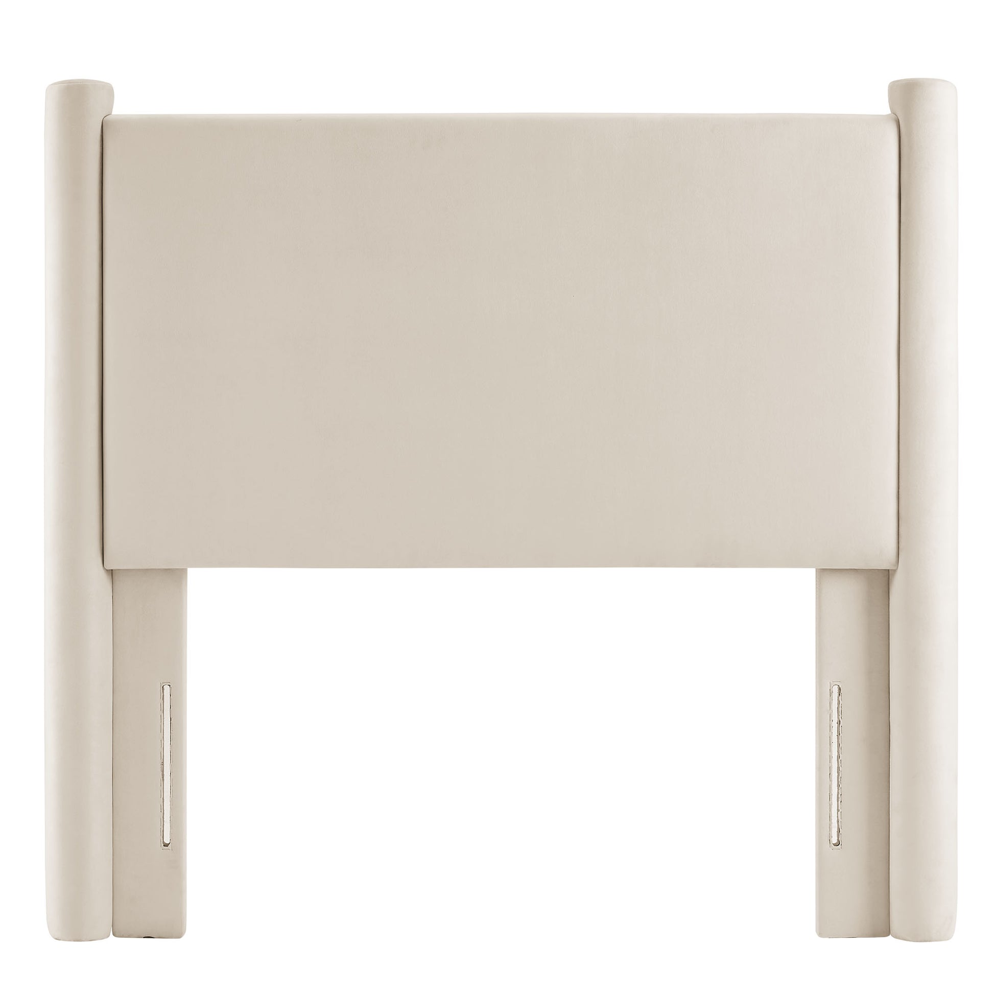 Beige upholstered headboard with rounded posts and central padded panel, modern minimalist style.