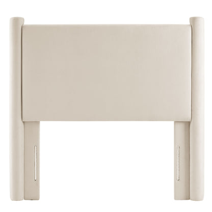 Beige upholstered headboard with rounded posts and central padded panel, modern minimalist style.