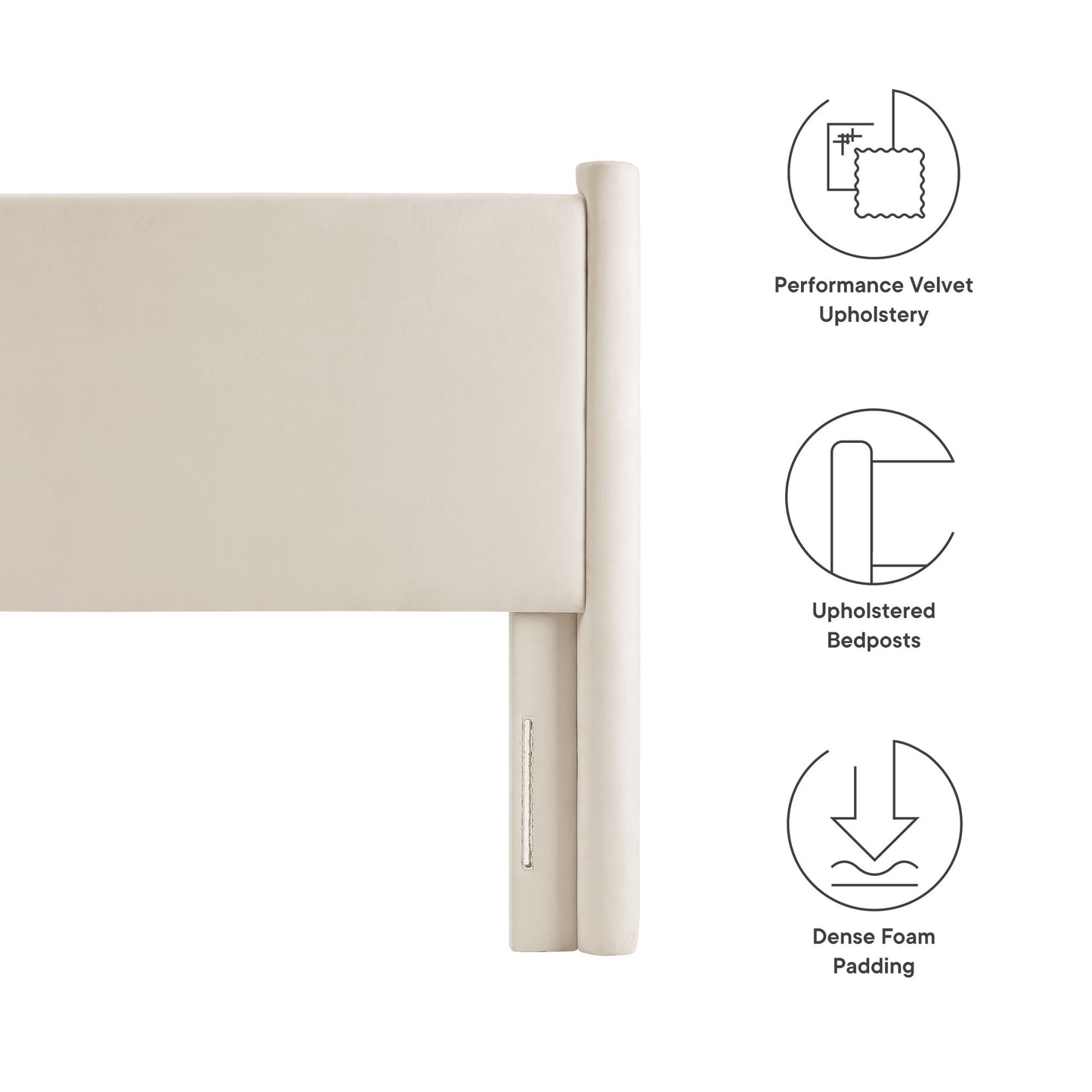 Ivory performance velvet upholstered twin headboard with unbolstered rounded posts & dense foam padding