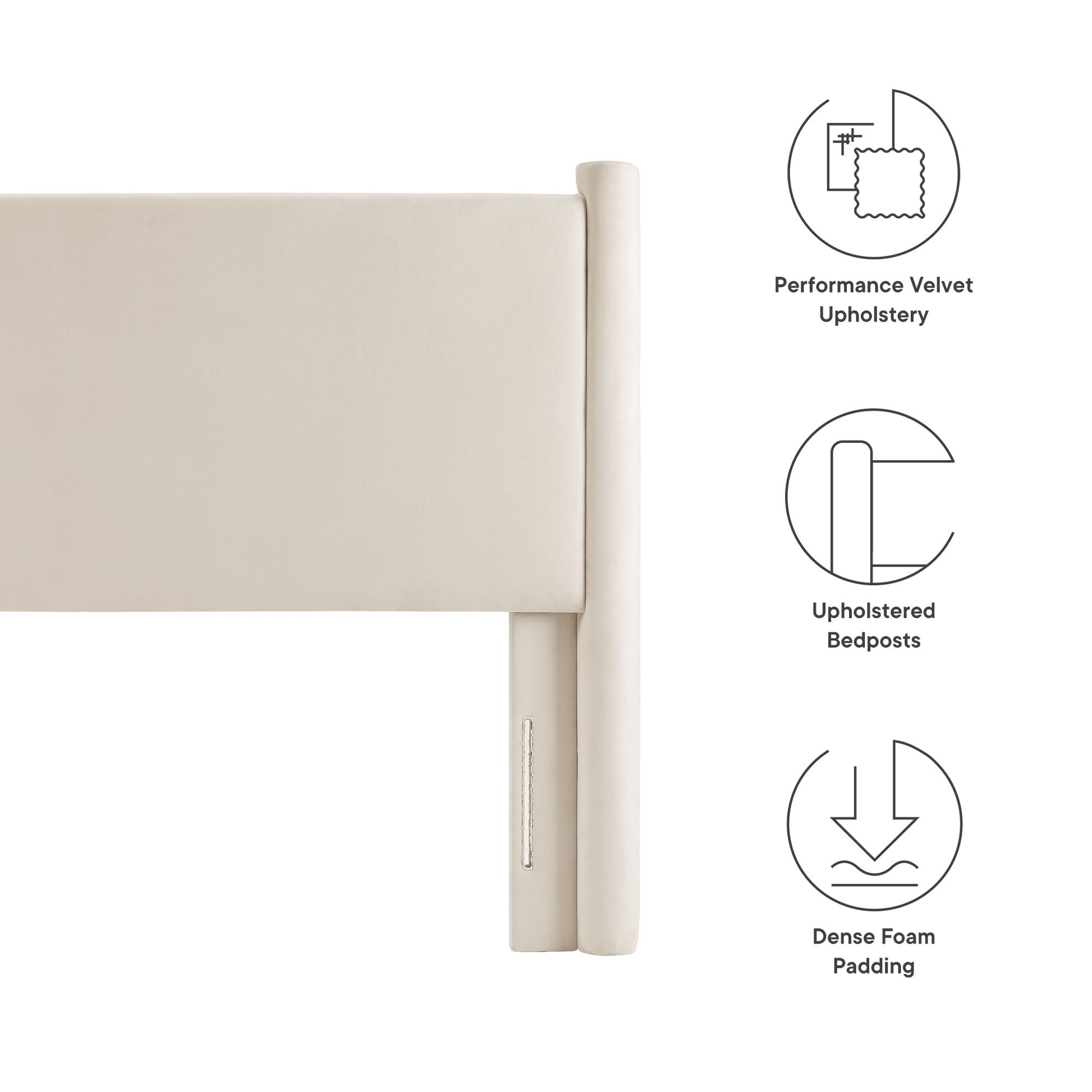 Ivory performance velvet upholstered twin headboard with unbolstered rounded posts & dense foam padding