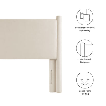 Ivory performance velvet upholstered twin headboard with unbolstered rounded posts & dense foam padding